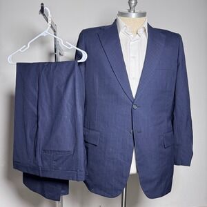 Tom James Suit Mens 44L 38W Navy Blue Pinstripe Wool Two Button Single Vent